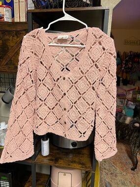 bobeau Pink Crochet Openwork V-Neck Cardigan